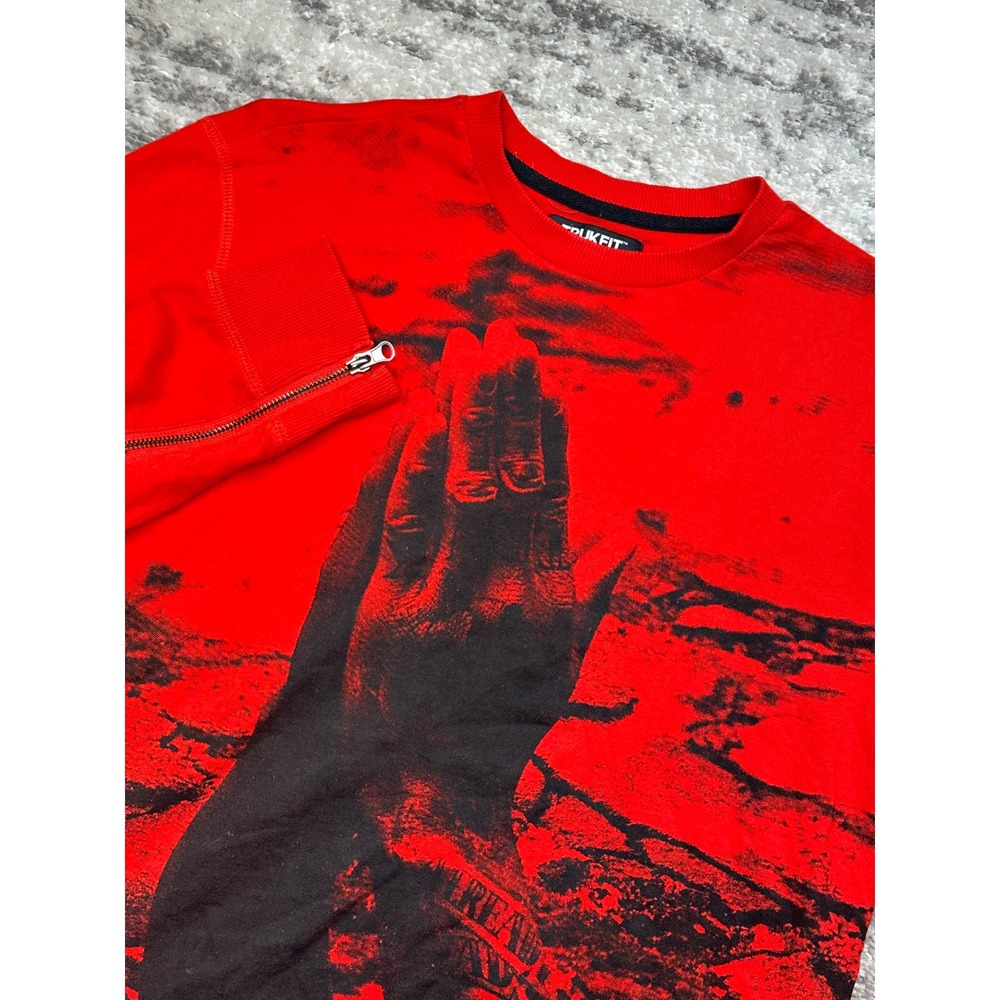 Trukfit‎ Sweatshirt Mens Small Red Praying Hands Graphic Side Zip All Over Print